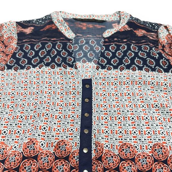 ZARA Tunic Boho Dress 3/4 Sleeve Paisley Geometric Gold Button Accent Blue Small - Picture 8 of 12